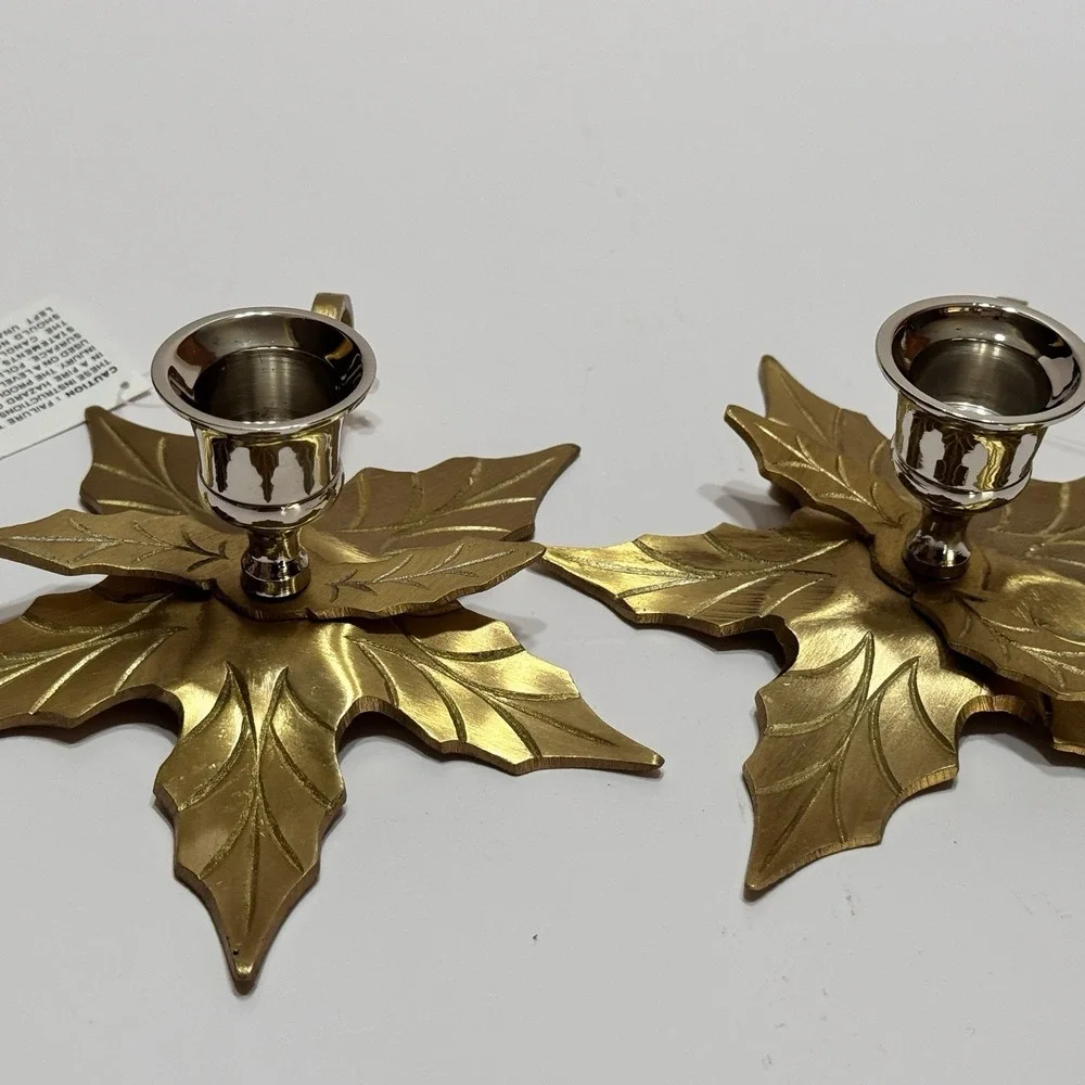 Pair Poinsettia Brass Leaf Candle Holder India Royal Gallery Christmas 2 Vtg New